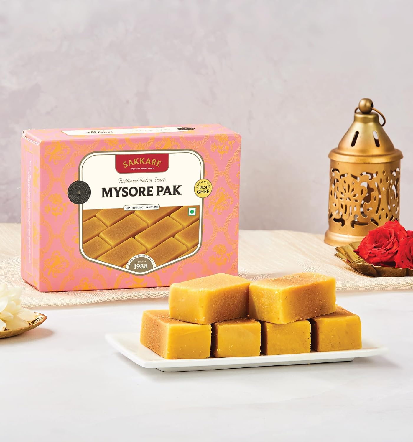 SAKKARE Mysore Pak 200 gm Sweets Mithai Box Special Pure Ghee Mysore Pak Soft Melt in Mouth, Gift Box for Any Occasion| Mouth Watering Authentic Festive Delight | Classic Indian Desserts