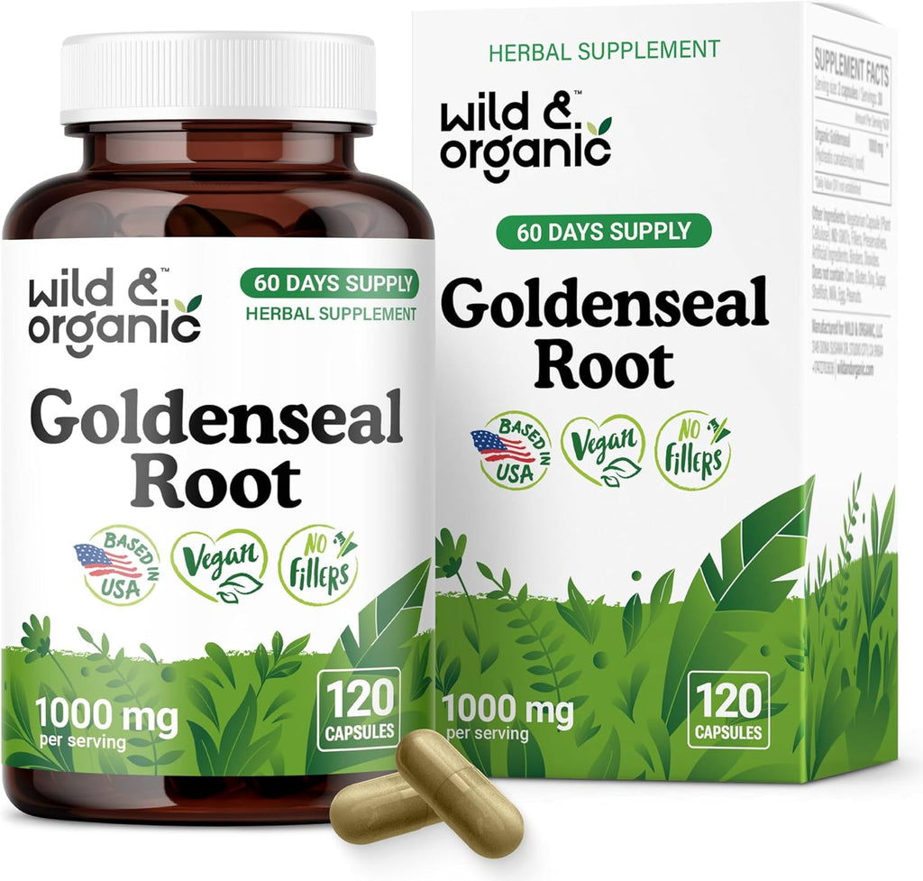 Wild & Organic Goldenseal Root Capsules 1000mg - Immune & Lung Support - 120 Goldenseal Powder Capsules - 2 Month Supply - Vegan, No Fillers, Non-GMO