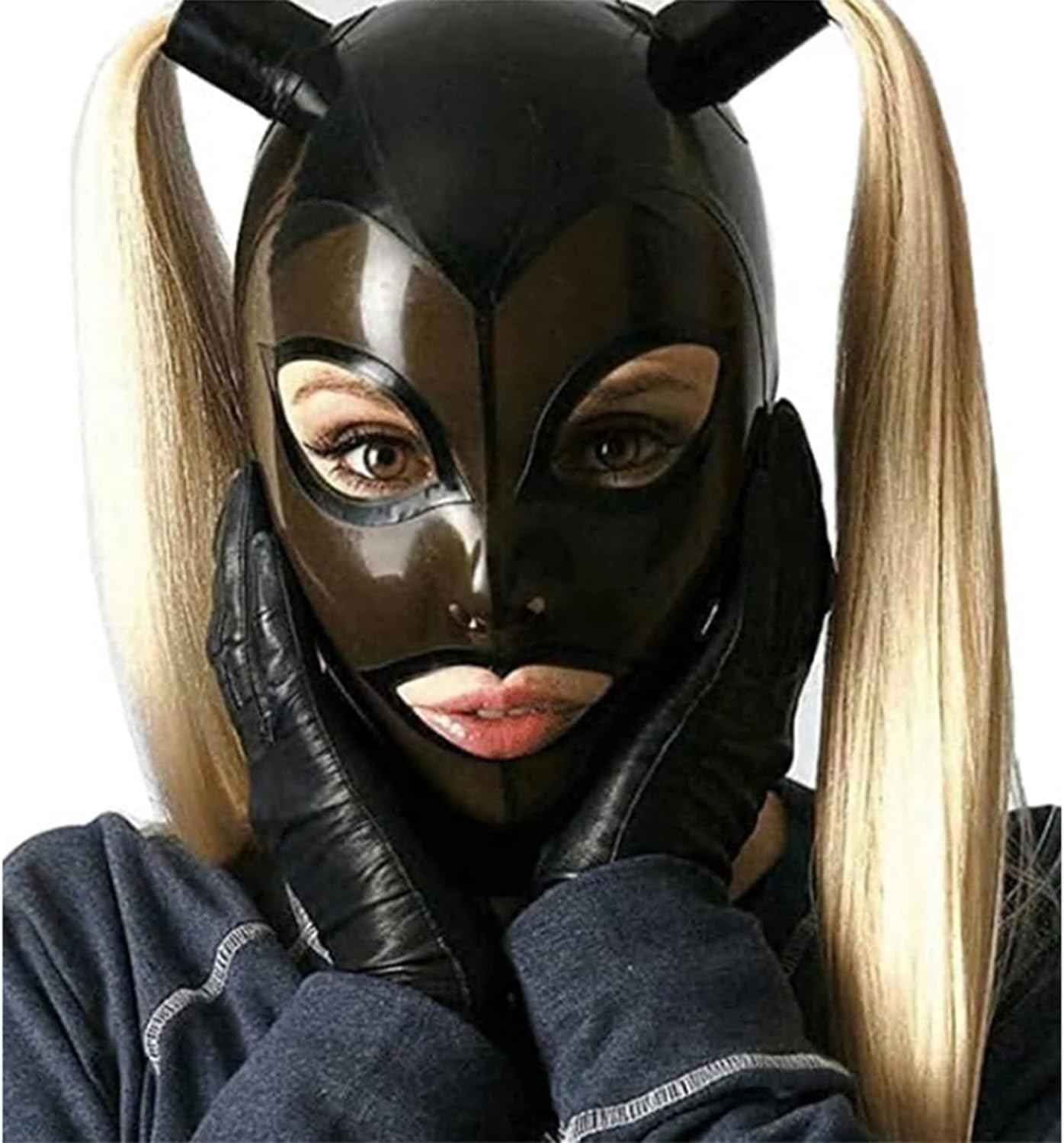 Latex Hood with Double Blond Pigtail Wig Back Zipper Rubber Mask with Golden Ponytail Club Party Wear