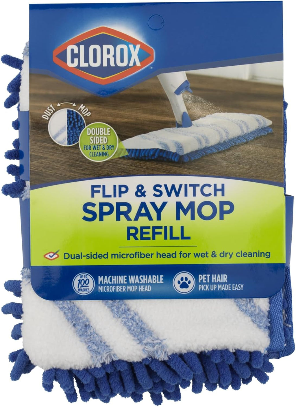 Clorox Ready Flip Spray Mop Refill Pad Machine-Washable Dual-Use Chennille & Microfiber Head, Blue