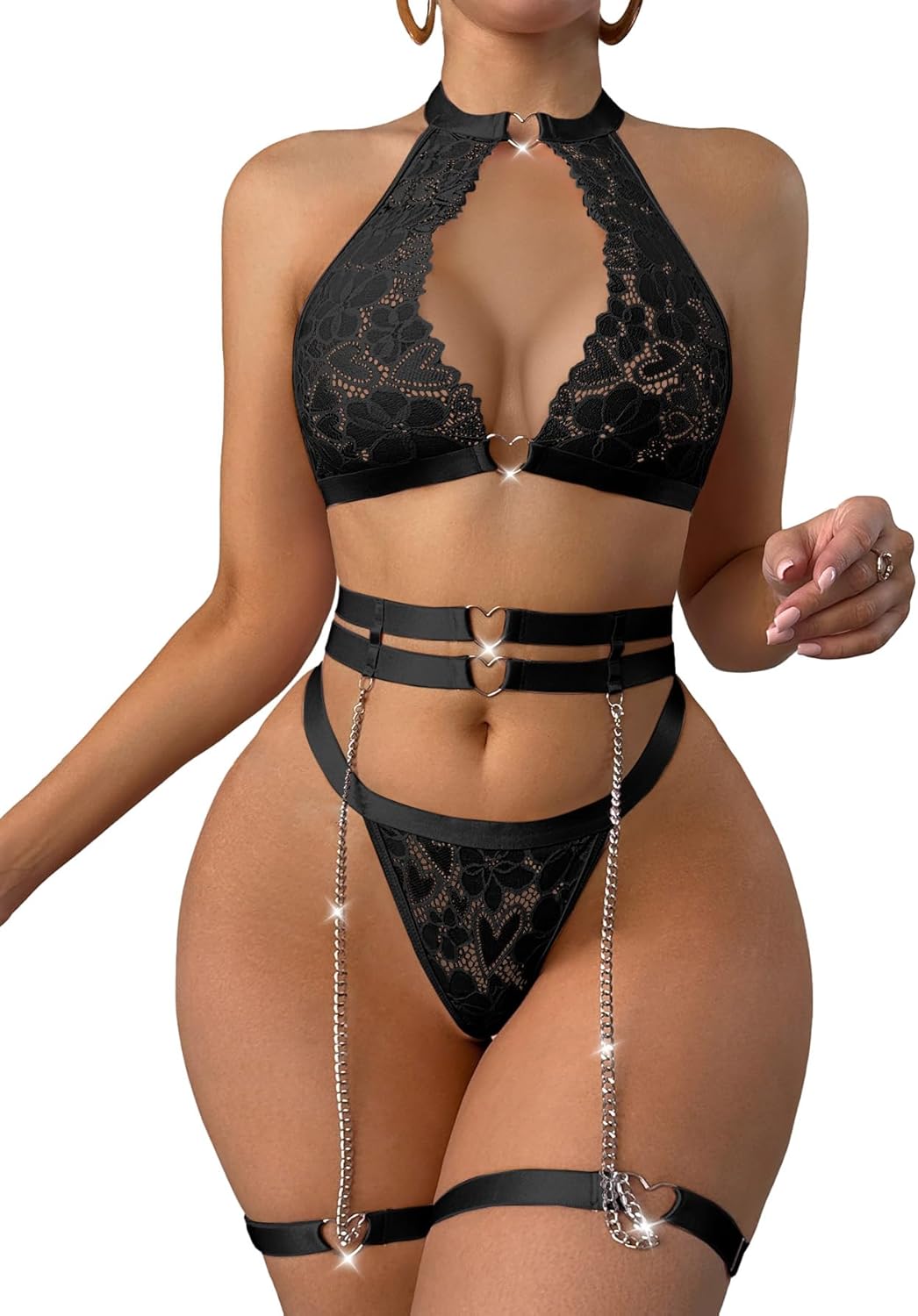Sexy Cutout Chain Floral Lace Halter Heart Ring Garter Belt Lingerie Set 3 Piece