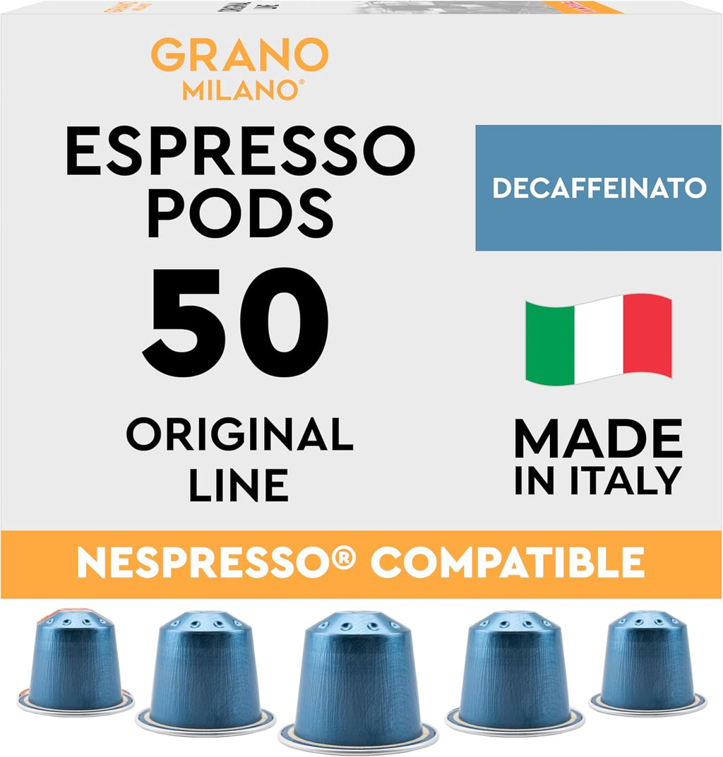 Grano MIlano Decaffeinato - 50 Aluminium Coffee Pods Compatible with Nespresso Original line - Intensity 7, Medium Roast Coffee Capsules Made in Italy