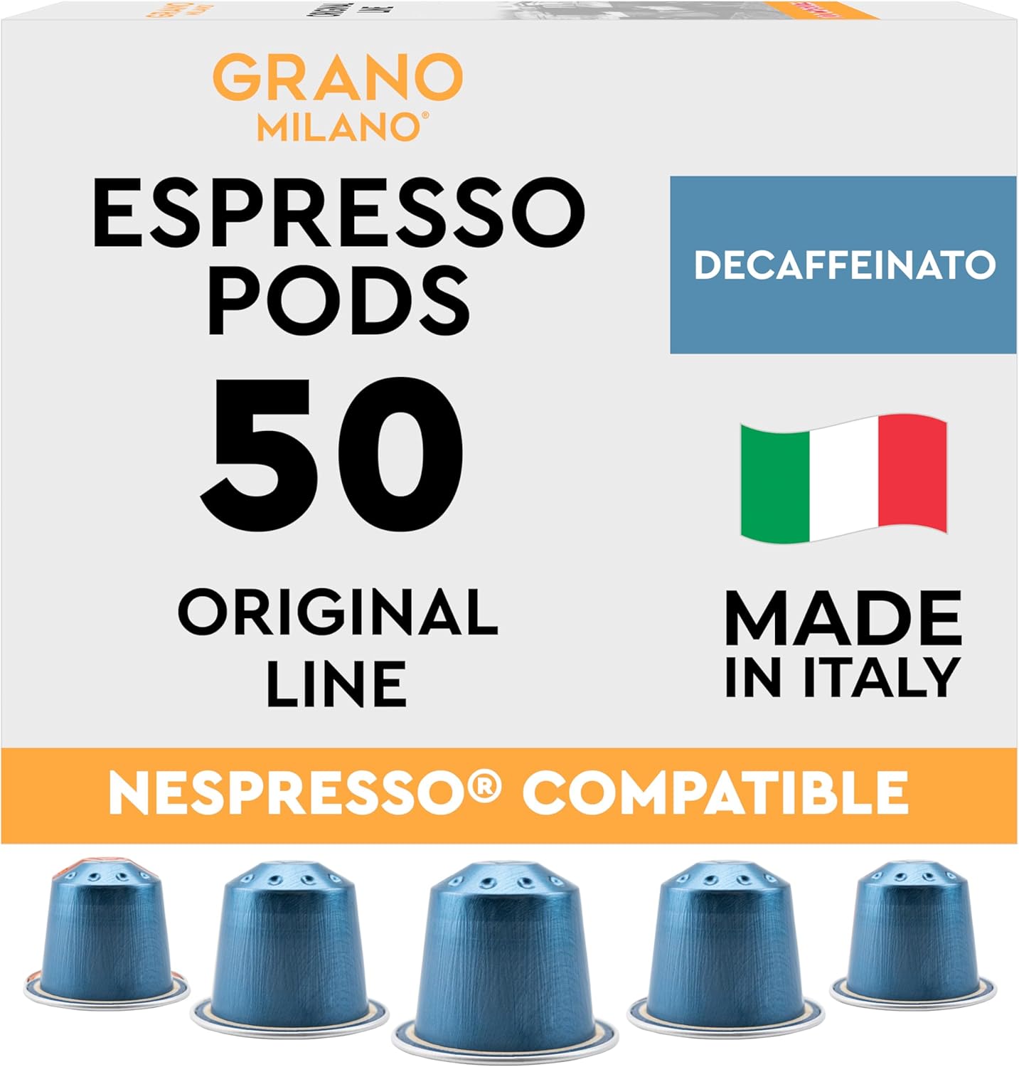 Grano MIlano Decaffeinato - 50 Aluminium Coffee Pods Compatible with Nespresso Original line - Intensity 7, Medium Roast Coffee Capsules Made in Italy