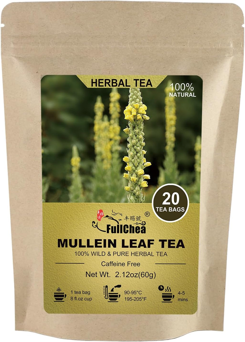 FullChea - Mullein Leaf Tea Bags, 20 Teabags, 3g/bag For Lungs - Non-GMO - Caffeine-free - Natural Healthy Herbal Tea