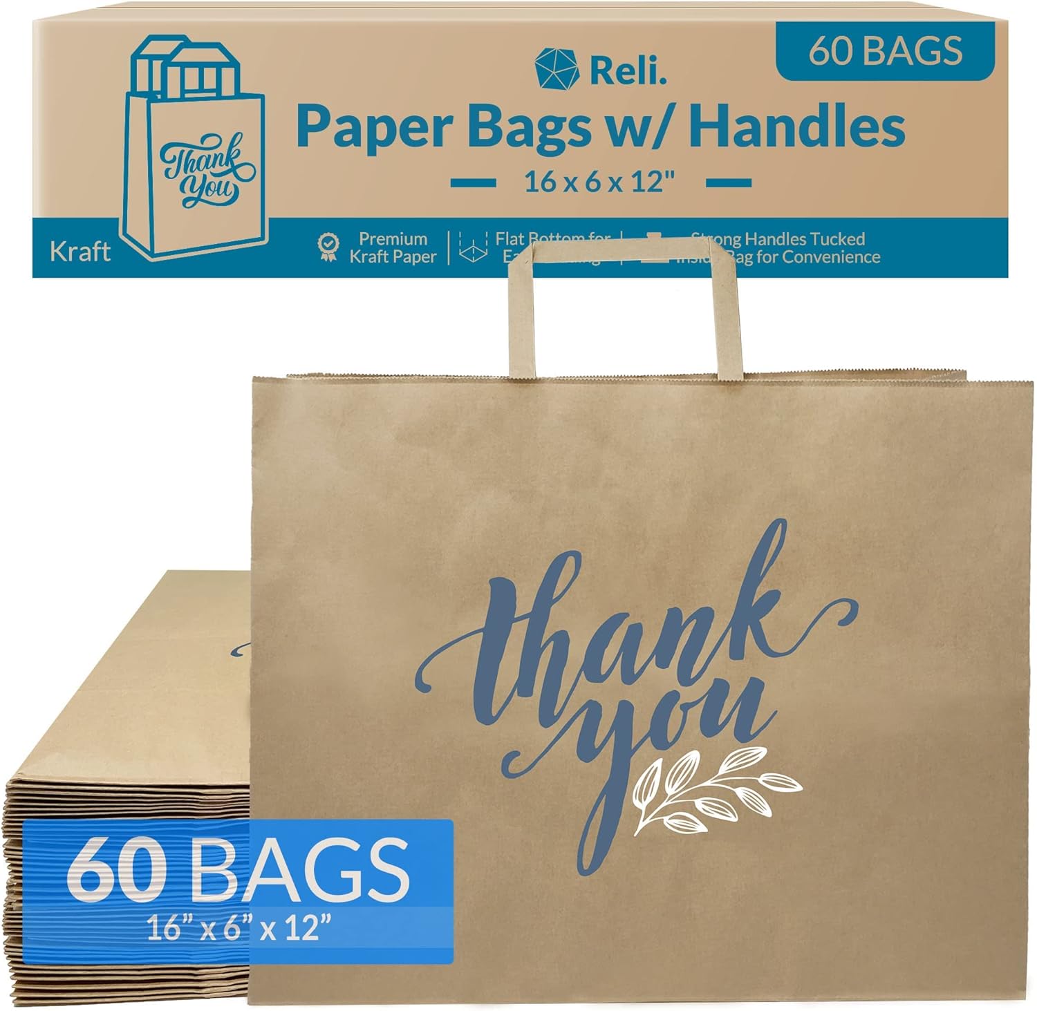 Reli. Paper Shopping Bags w/Handles | 60 Pcs | Large 16"x6"x12" | Kraft Brown Paper Bags with Handles | Printed Thank You, Large | Take Out/To Go, Retail, Shopping Tote, Restaurant, Grocery