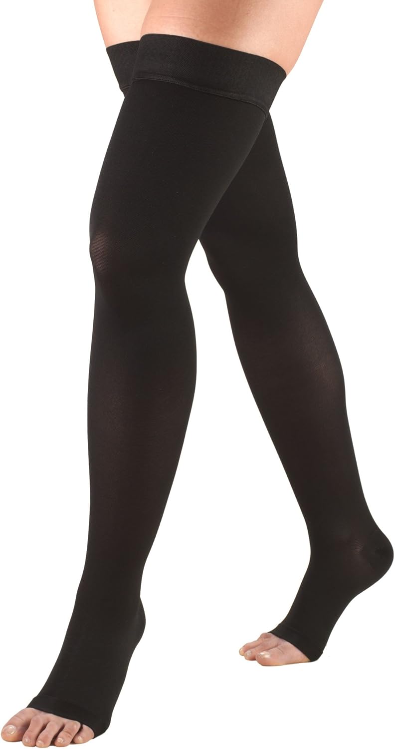 Truform 20-30 mmHg Compression Stockings for Men and Women, Thigh High Length, Dot-Top, Open Toe, Black, Large