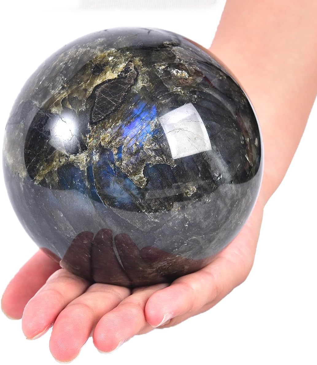 Large Labradorite Crystal Ball with Stand Natural Crystals Sphere Gemstone Ball Meditation Witchcraft Home Decor 100-110mm/3.9-4.3"