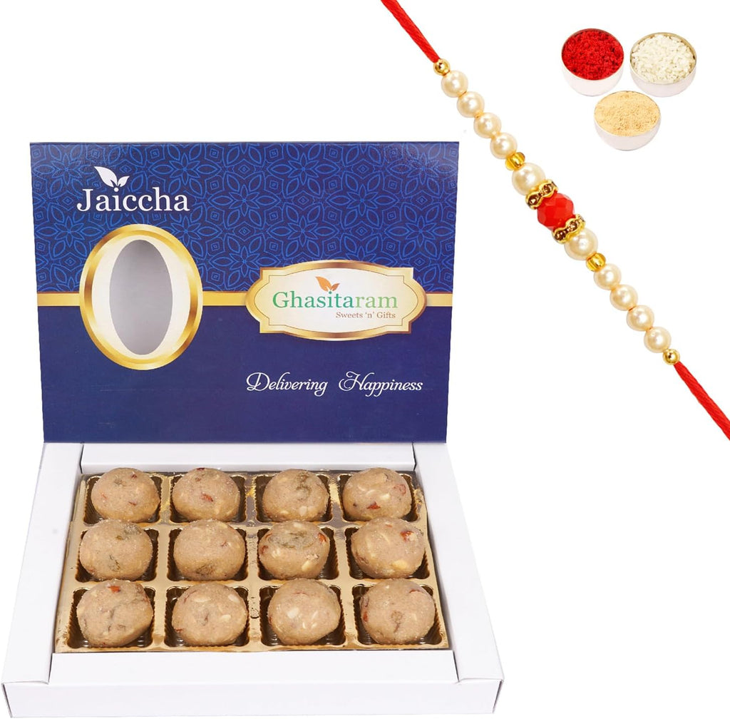 Jaiccha Ghasitaram Rakhi Gifts for Brothers Panjeeri Laddoo 12 pcs with Beads Rakhi
