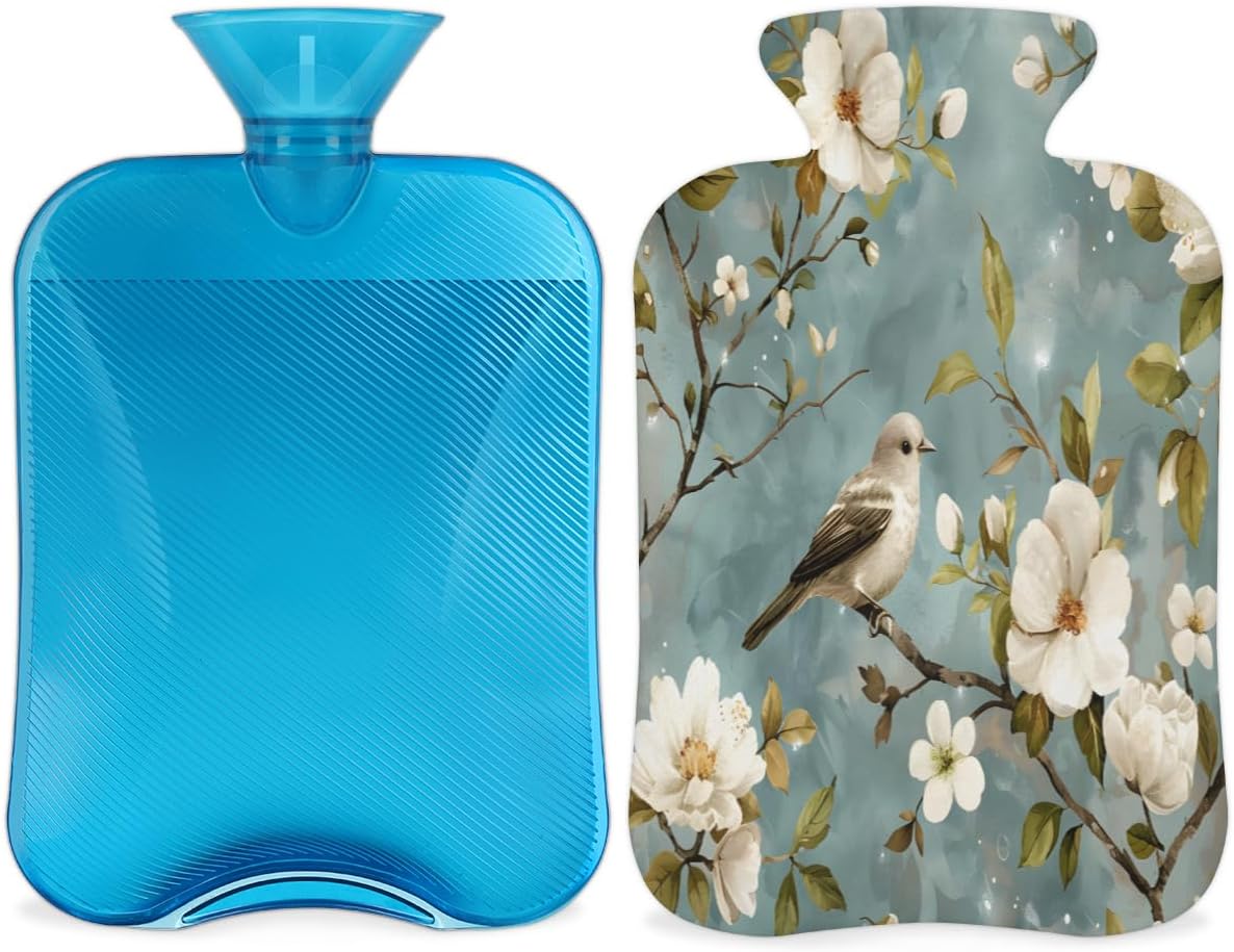 Elegant Cute Bird Flower Hot Water Bottle with Cover 2L Large Hot Water Bag for Menstrual Cramps, Neck and Shoulder Pain Relief, Hot Cold Therapy, Hand Feet Warmer