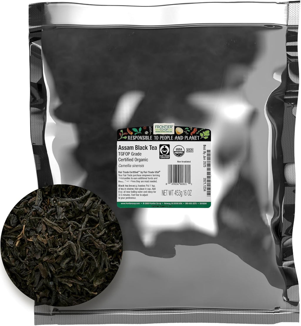 Frontier Co-op Organic Fairtrade Assam Black Tea, Tippy Golden Flowery Orange Pekoe - Loose Leaf, Kosher | 16 Ounce (Pack of 1)