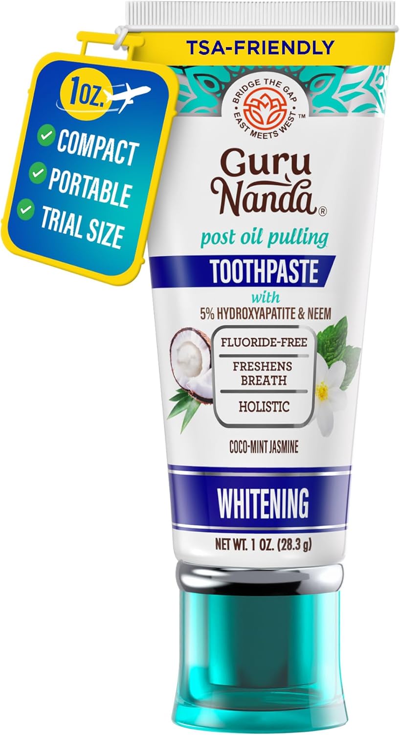 GuruNanda Travel Toothpaste with Hydroxyapatite, Travel-Size Toothpaste to Whiten Teeth & Freshen Breath, TSA-Friendly, Portable, Compact, Fluoride Free, Natural CocoMint Jasmine Neem, 1 oz