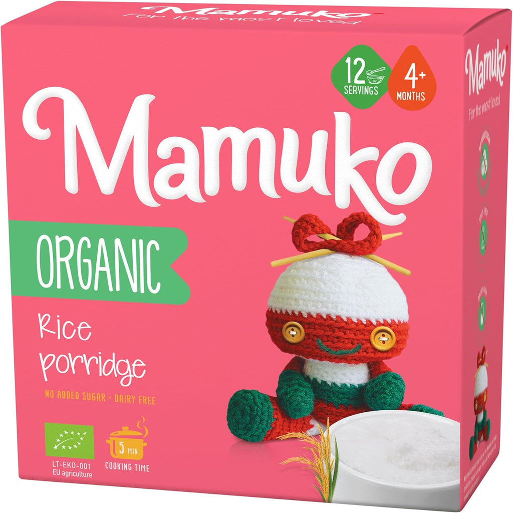 MAMUKO Organic Porridge - Rice Porridge with No Added Sugar, Milk & Preservatives - High Fiber Porridge Developed with EU Experts - Healthy Porridge Ideal for Little Ones from 4+ Months - 12 Servings