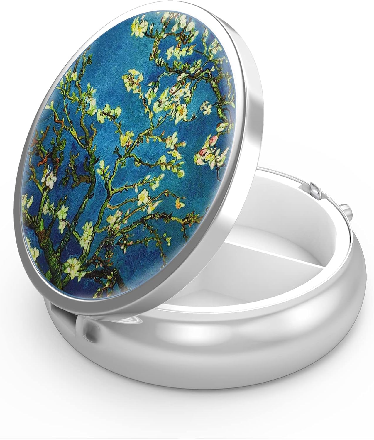 Pill Box, 3 Compartment Small Pill Case for Purse & Pocket, Cute Pill Organizer Travel Pillbox, Pill Container Holder to Hold Vitamins, Medication, Fish Oil and Supplements(Van Gogh Almond Blossom)