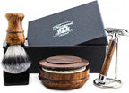 Haryali London Shaving Kit - 6 Pc Wooden Safety Razor - Synthetic Hair Brush - Elegant Bowl - Shaving Soap - Stainless Steel Stand - Sustainable Gift Set