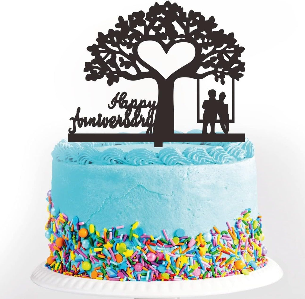 Happy Anniversary Cake Topper, Black Acrylic Silhouette Wedding Anniversary Cake Topper for Anniversary Birthday Party Cake Decorations
