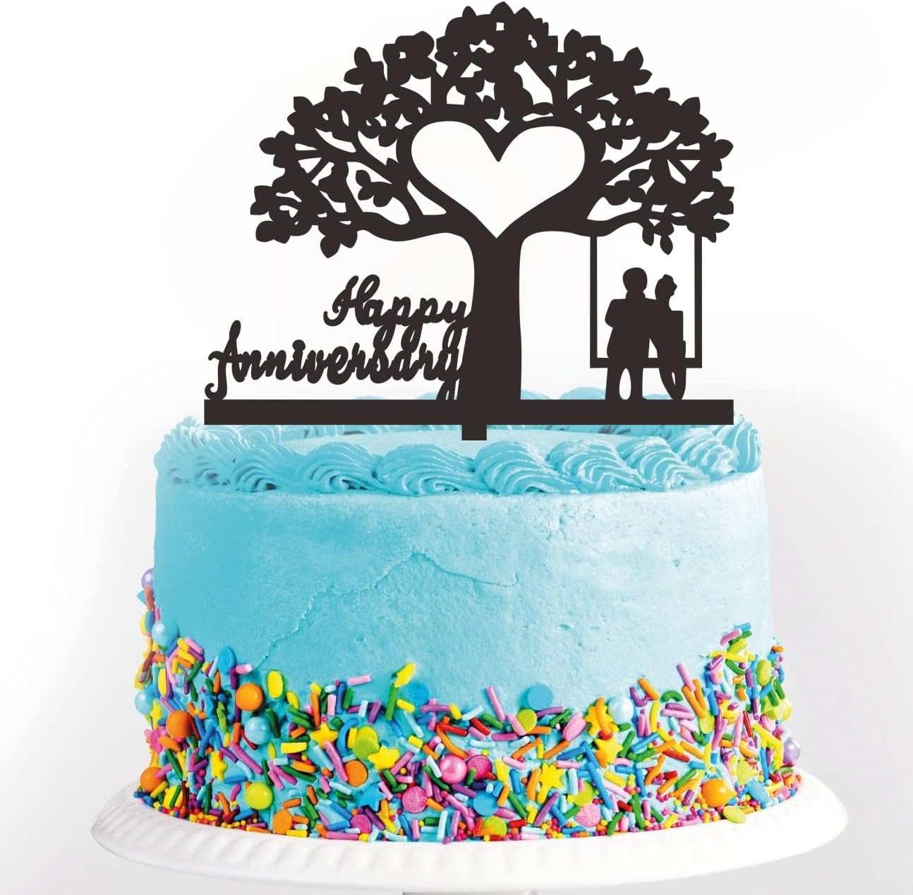 Happy Anniversary Cake Topper, Black Acrylic Silhouette Wedding Anniversary Cake Topper for Anniversary Birthday Party Cake Decorations