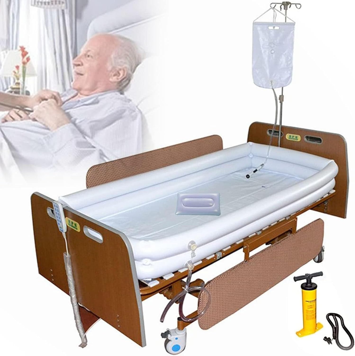 CEEBUS Medical Bedside Shower Bathtub Kit Adult Bathtub Shower System,with Electric Air Pump, Water Bag, Air Pillow, PVC Shower Bath Basin, for Elderly Bathe in Bed Assistive Aid