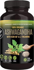 SUPREME HERBALS Organic Ashwagandha Capsules 500 mg with KSM-66® & L-Theanine, 120 Veggie Capsules – Non-GMO, Gluten-Free, Soy-Free – Withania Somnifera Herbal Supplement