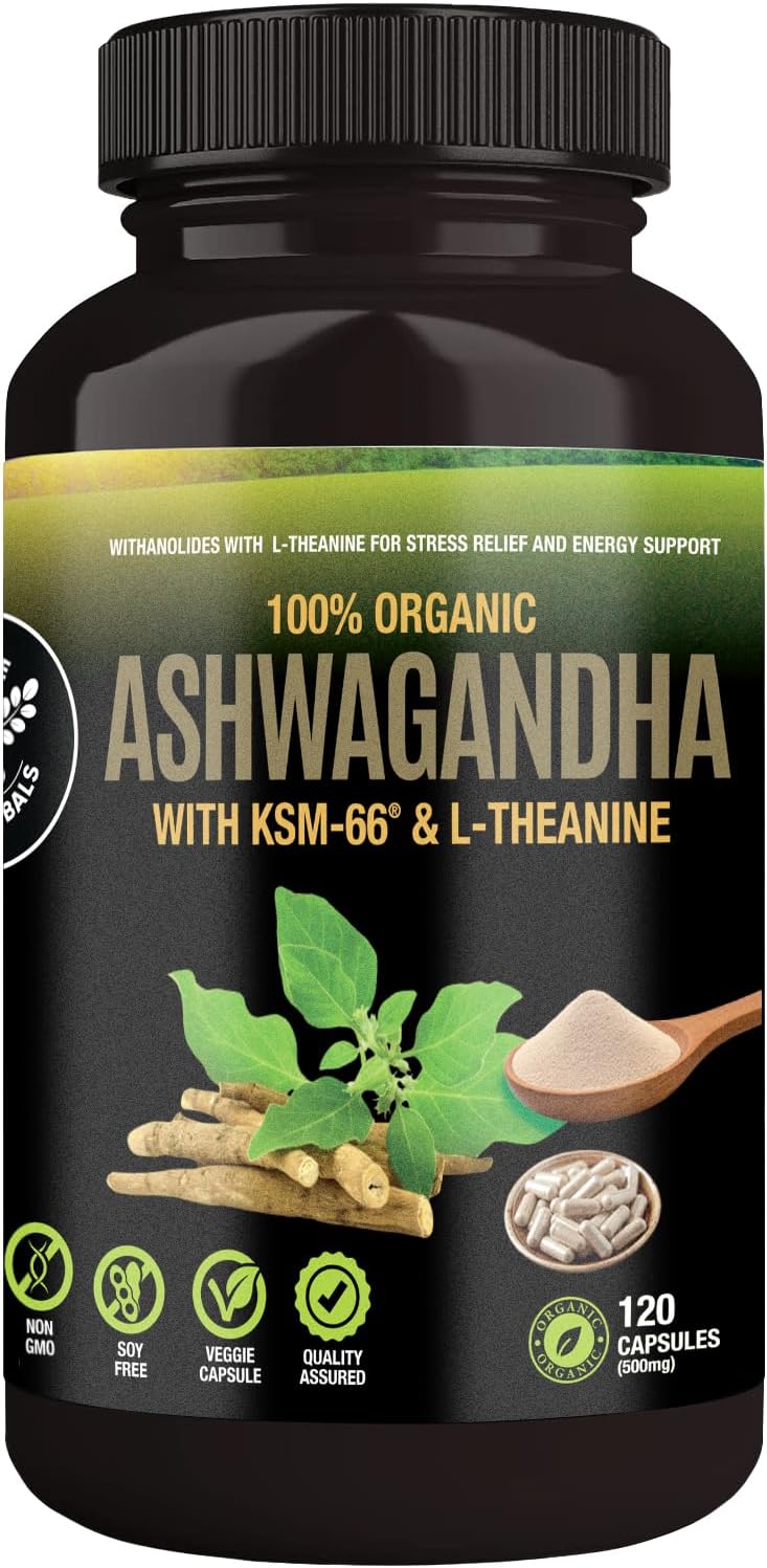 SUPREME HERBALS Organic Ashwagandha Capsules 500 mg with KSM-66® & L-Theanine, 120 Veggie Capsules – Non-GMO, Gluten-Free, Soy-Free – Withania Somnifera Herbal Supplement