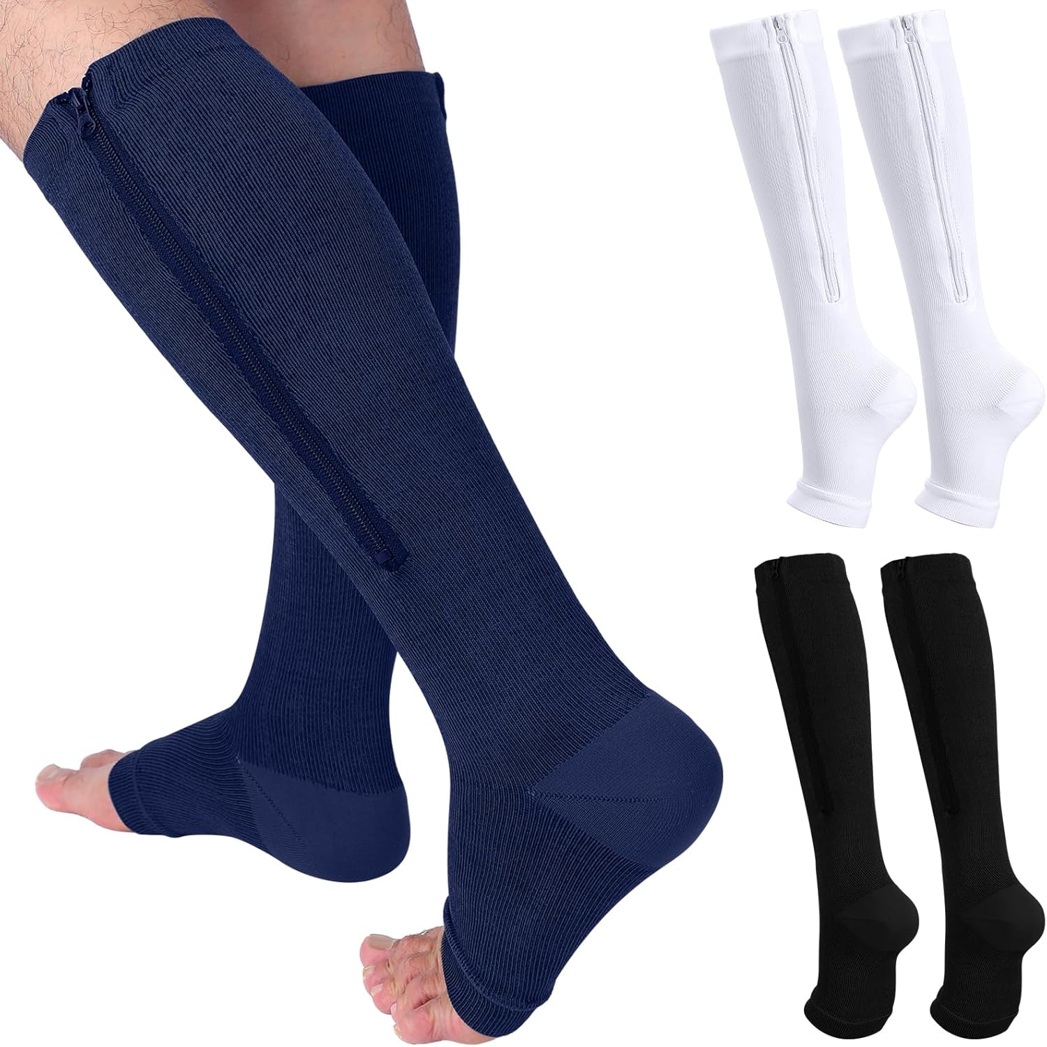 Nuanchu 3 Pairs Open Toe Zipper Compression Socks 20-30mmhg Zipper Compression Toeless Knee High Socks for Men Swelling Edema