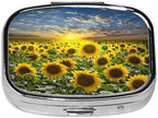 ABLESKY Pill Box, 2 Compartment Pill Organizer Case for Pocket or Purse, Small Portable Metal Travel Medicine Box with Mirror, Daily Vitamins Fish Oil Container-Sunflower