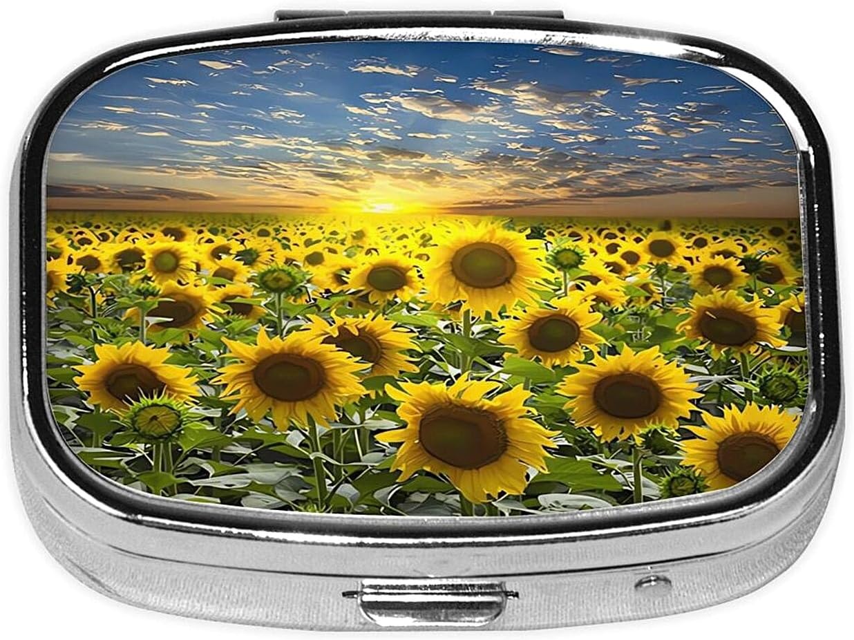 ABLESKY Pill Box, 2 Compartment Pill Organizer Case for Pocket or Purse, Small Portable Metal Travel Medicine Box with Mirror, Daily Vitamins Fish Oil Container-Sunflower
