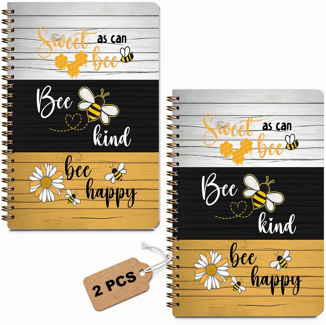 2 Pcs Bee Happy Sweet As Can Bees Spiral Notebook, Cute Animal College Ruled Spiral Notebook, Multi Subject Notebooks, 160 Ruled Pages Hardcover Journals for Writing Office, Bee Lover Gifts for Women