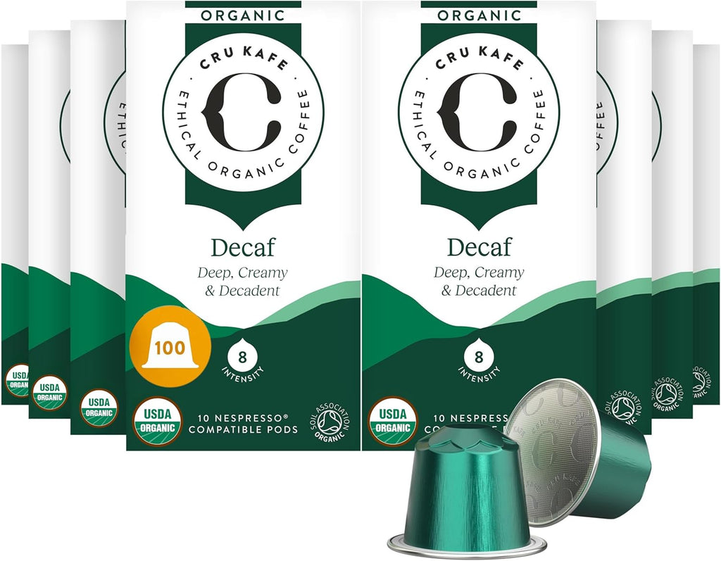 Cru Kafe Decaf USDA Organic Espresso Coffee Capsules (100 Pods) Fairtrade Coffee Pods Compatible with Nespresso Original Line and Pixie Machines
