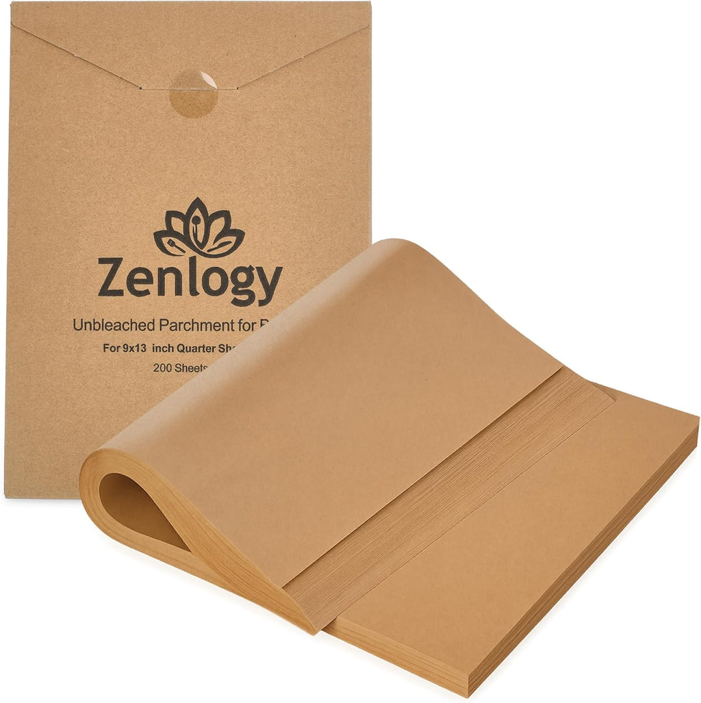 Zenlogy 9x13 Parchment Paper (200 sheets) - Unbleached, High Heat, Non-stick, Pre-cut Baking Paper for Quarter Sheet Pans - Great for Baking, Roasting, Wrapping, Dehydrator, and so much more