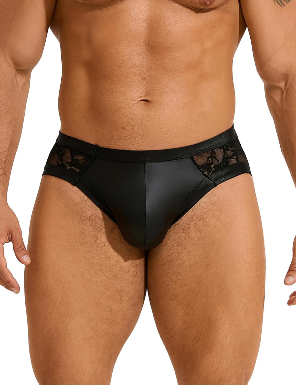 ohyeahlady Mens Lace Underwear Sexy Thong G-String Low Rise PU Faux Leather Pouch Trunks Soft Jockstrap Panties Briefs