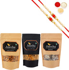 Ghasitaram Gifts Rakhi Gifts for Brothers Rakhi Sweets - Best of 3 Suagrfree Bites 200 GMS, Butter Chakli Sticks 100 GMS Pouch and Almonds 100 GMS Pouch with 2 Pearl Beads Rakhis