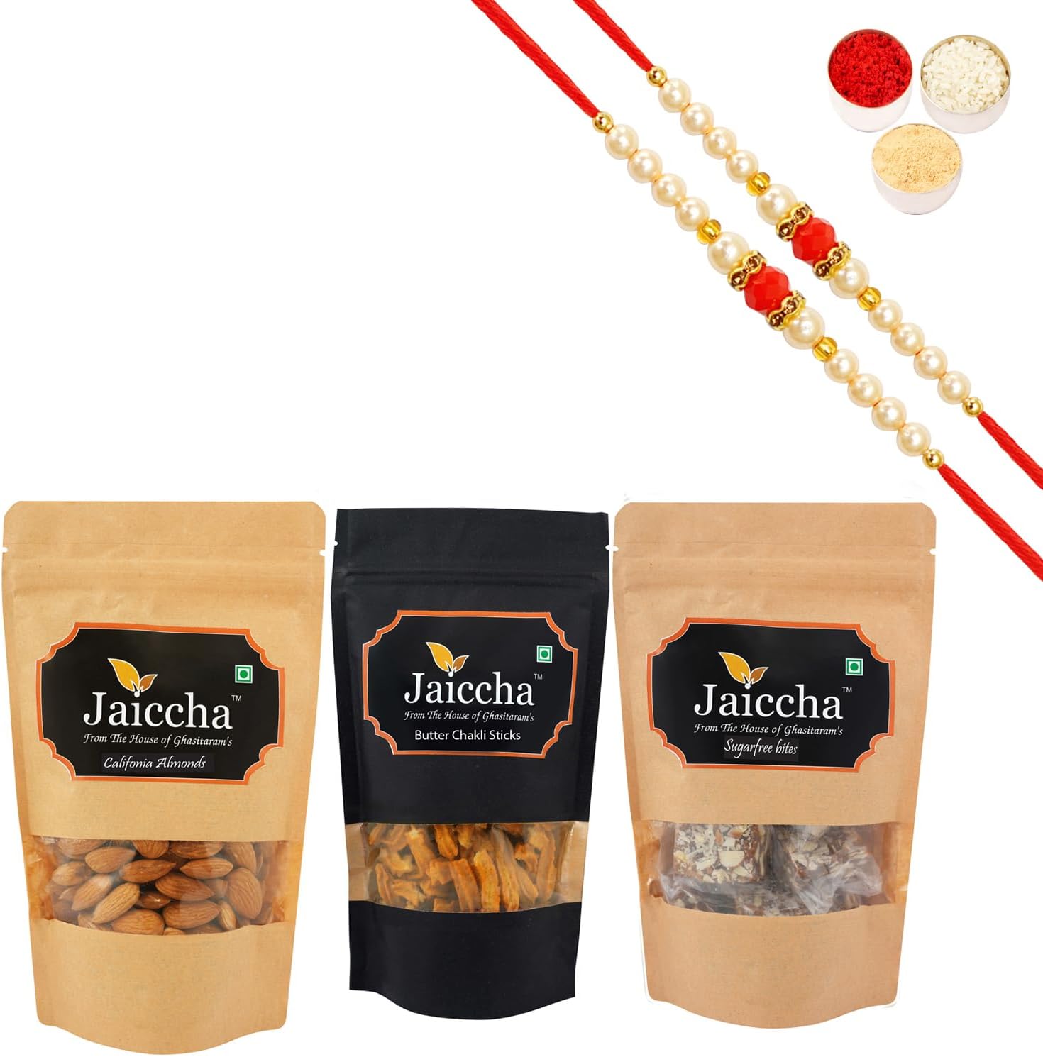 Ghasitaram Gifts Rakhi Gifts for Brothers Rakhi Sweets - Best of 3 Suagrfree Bites 200 GMS, Butter Chakli Sticks 100 GMS Pouch and Almonds 100 GMS Pouch with 2 Pearl Beads Rakhis