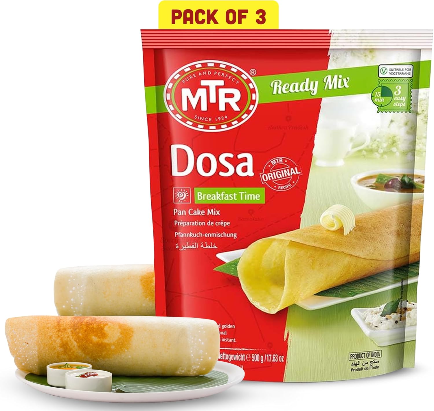 MTR Instant Dosa Mix - Ready to Cook Authentic Indian Breakfast, Lunch, Dinner or Snack Meal - No Added Preservatives - A Quick & Easy Recipe Suitable for Vegetarians - (500g, Pack of 3)