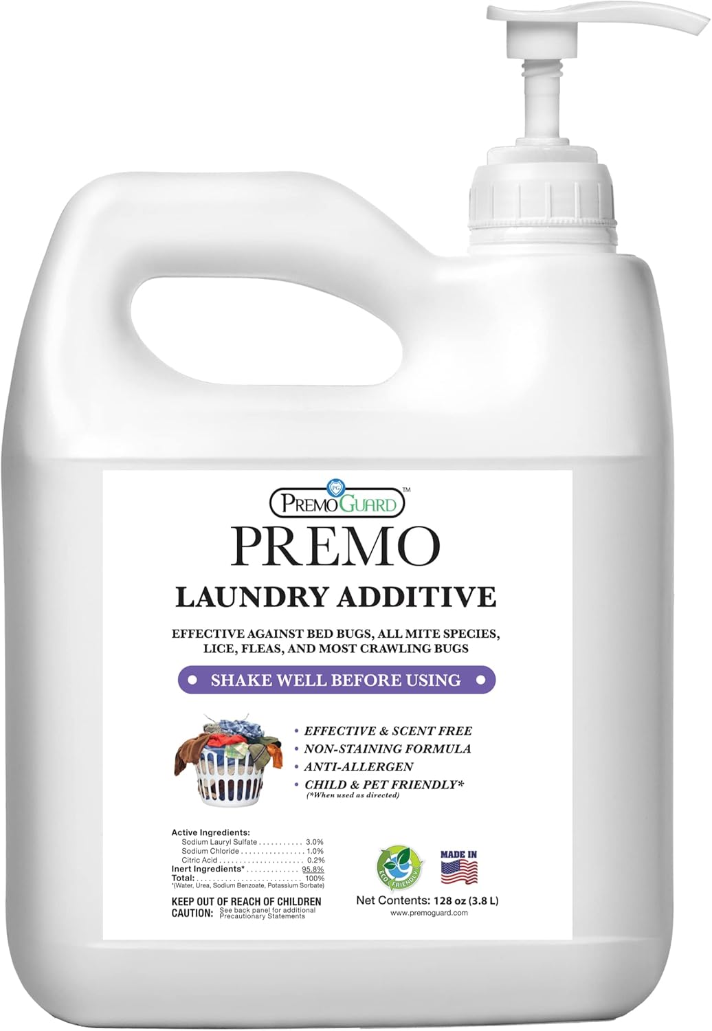 Bed Bug, Mite & Lice Laundry Detergent Additive By Premo Guard – 128 oz – Child & Pet Friendly – Stain & Odor Free – Best Natural Non-Toxin Treatment