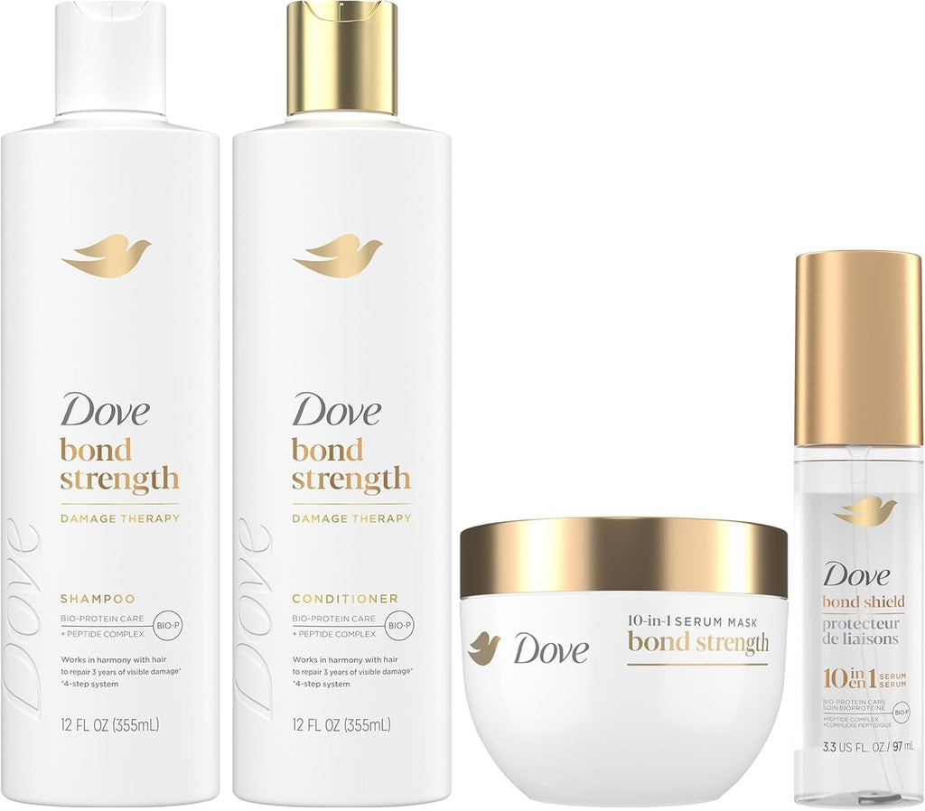 Dove Bond Strength, Damage Therapy System – Shampoo, Conditioner, 10-in-1 Shield Serum & Peptide Mask, Hair Repair Treatment, Anti-Frizz (4 Piece Set)