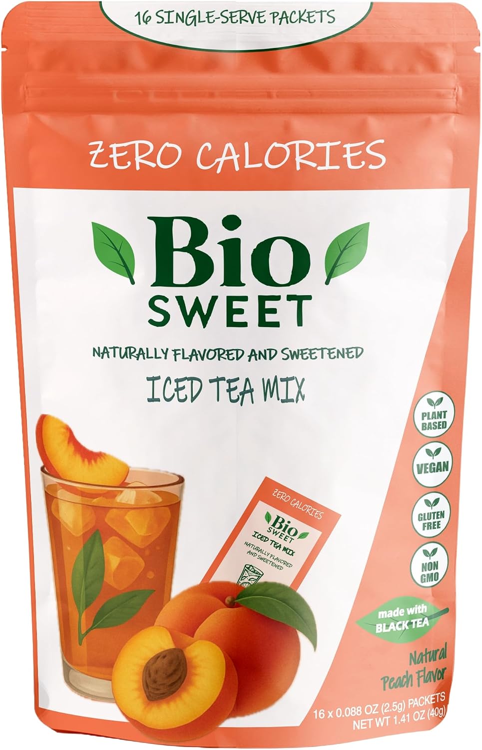 BioSweet Iced Tea Mixes - Peach Flavor | Zero Calorie Mix from Real Black Tea | Naturally Sweetened & Flavored | Non GMO, Gluten Free, Vegan (16 single-serve packets)