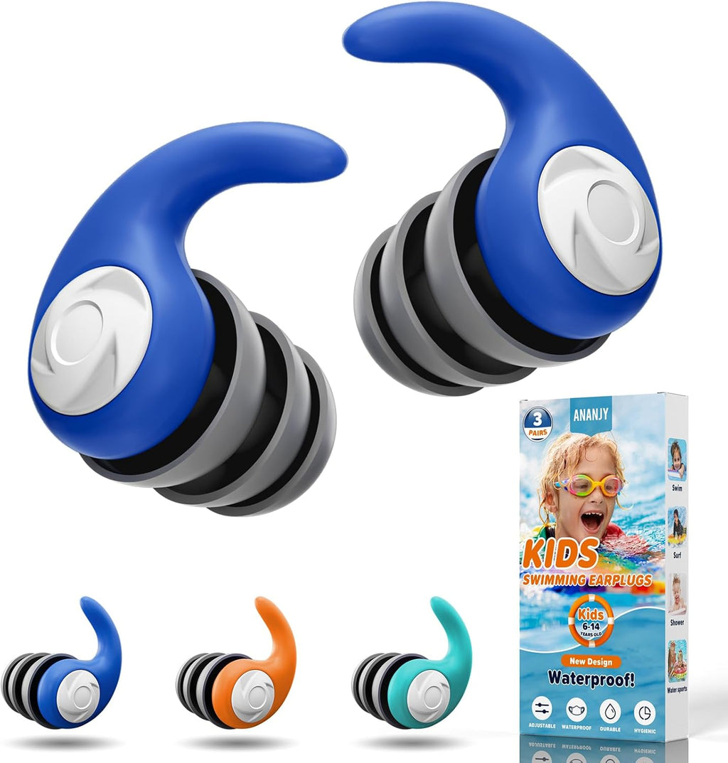 Waterproof Swimming Ear Plugs for Kids - 3 Pairs of Reusable Soft Silicone Swim Earplugs,Ear Protection for Children (4-12 Years Old) - Ideal for Surfing, Diving, Pool, Showering, and Water Sports