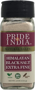 Pride Of India - Himalayan Black Rock Salt - Extra-Fine Grind, 4.0 oz (113.4gm) Dual Sifter Jar - Kala Namak - Contains 84+ Minerals - Perfect for Cooking, Vegan Tofu, Vegan Omlettes