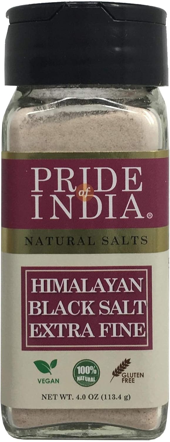 Pride Of India - Himalayan Black Rock Salt - Extra-Fine Grind, 4.0 oz (113.4gm) Dual Sifter Jar - Kala Namak - Contains 84+ Minerals - Perfect for Cooking, Vegan Tofu, Vegan Omlettes