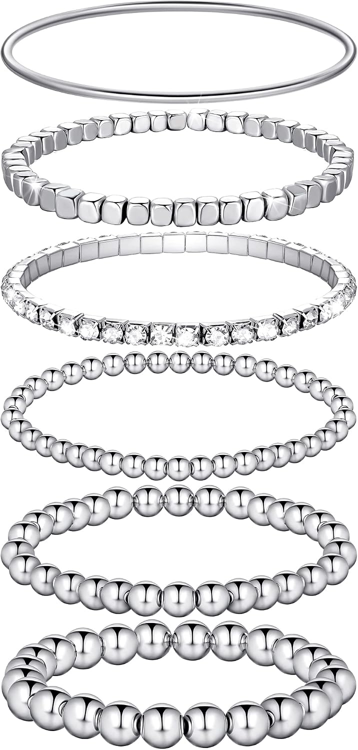 6 Pcs Beaded Bracelets for Women Stackable Elastic Bead Ball Sets Thin Bangle Stretch Cubic Bead Tennis Bracelet with Round Moissanite