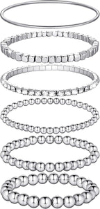 6 Pcs Beaded Bracelets for Women Stackable Elastic Bead Ball Sets Thin Bangle Stretch Cubic Bead Tennis Bracelet with Round Moissanite