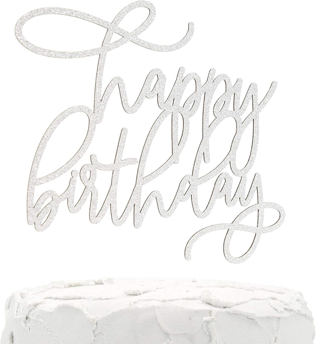 Modern Cursive Cake Topper - happy birthday - Double Sided Silver Glitter - Premium Quality Made in USA