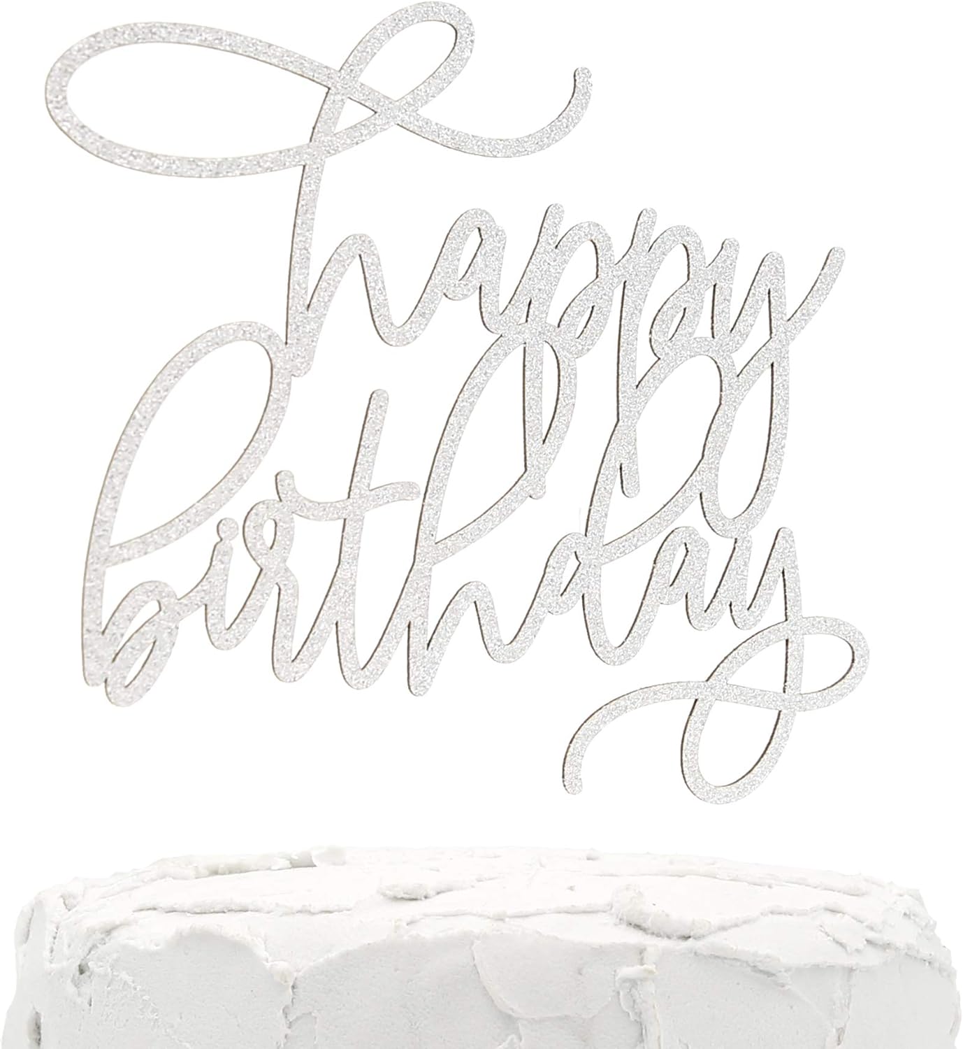Modern Cursive Cake Topper - happy birthday - Double Sided Silver Glitter - Premium Quality Made in USA