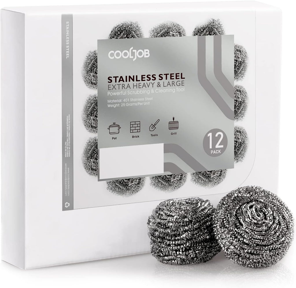 COOLJOB 6/12 Pack Stainless Steel Scrubber Sponges, Heavy Duty Tough Metal Scouring Pads for Dishes, Pans, Pots, Ovens, Uncoated Cookware, Powerful to Clean Grease Dirt Oil or Rust (Sliver, 25 Grams)