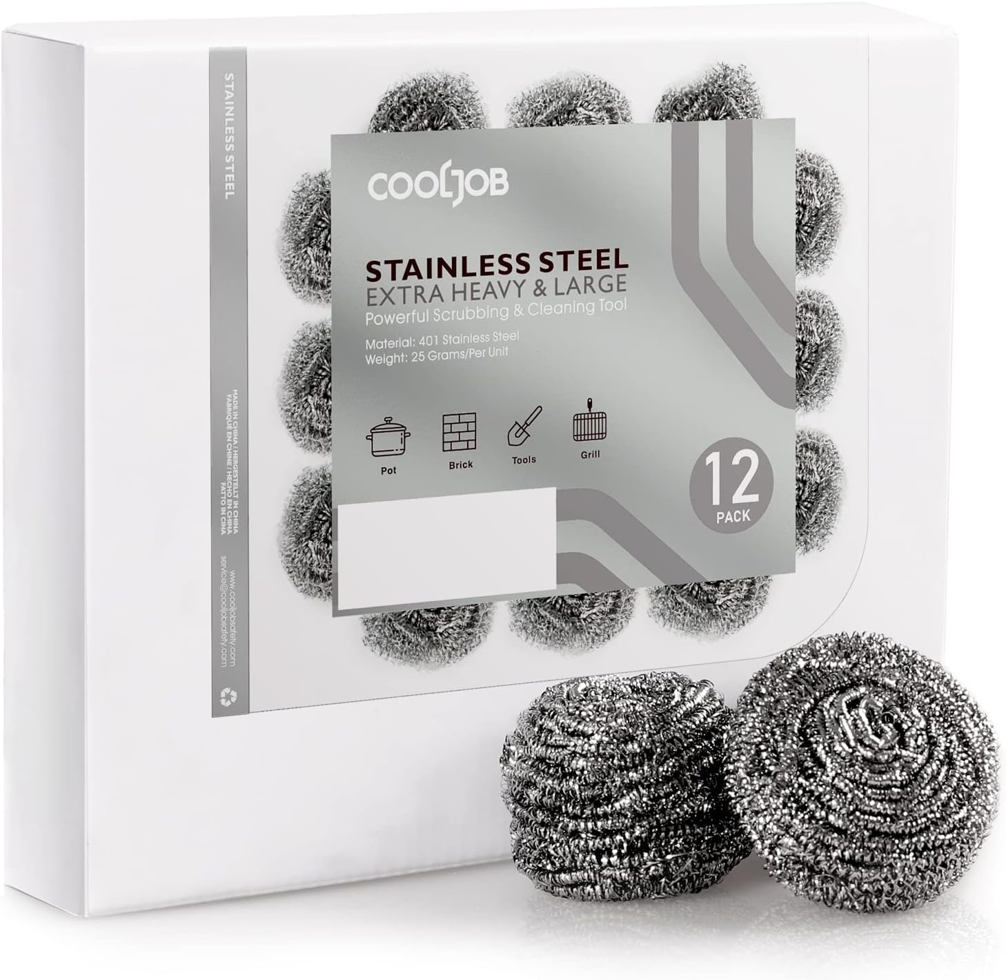 COOLJOB 6/12 Pack Stainless Steel Scrubber Sponges, Heavy Duty Tough Metal Scouring Pads for Dishes, Pans, Pots, Ovens, Uncoated Cookware, Powerful to Clean Grease Dirt Oil or Rust (Sliver, 25 Grams)