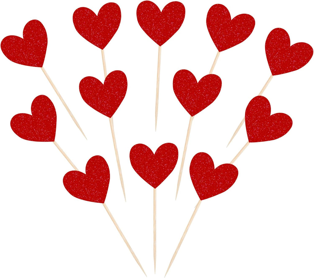 40 Pack Red Heart Cupcake Toppers Glitter Love Heart Valentine Cupcake Picks for Valentine's Day Theme Wedding Engagement Bridal Shower Birthday Party Cake Decorations Supplies