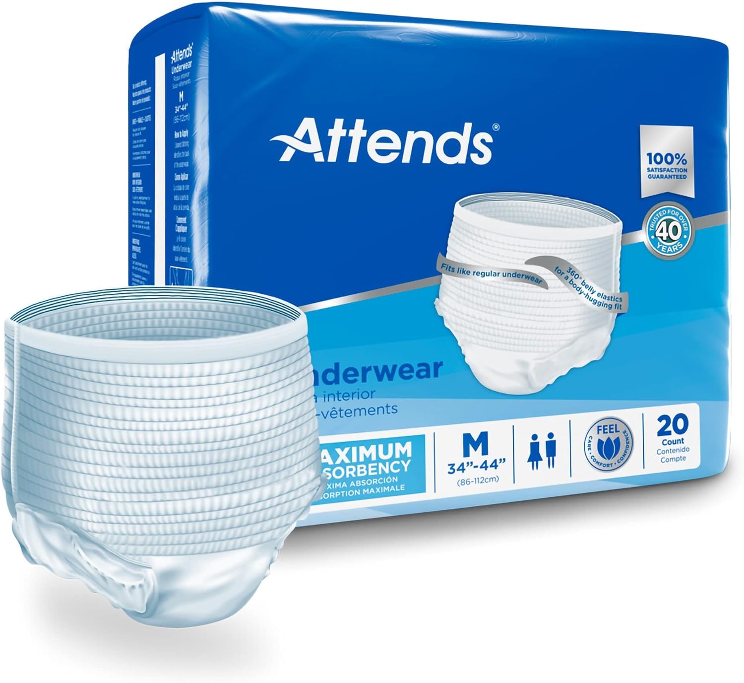 Attends Adult Absorbent Underwear, Medium [20 Count] - Maximum Absorbency for Men and Women - Disposable Pull-On Diapers with Tear-Away Sides and Breathable Waistband - AP0720