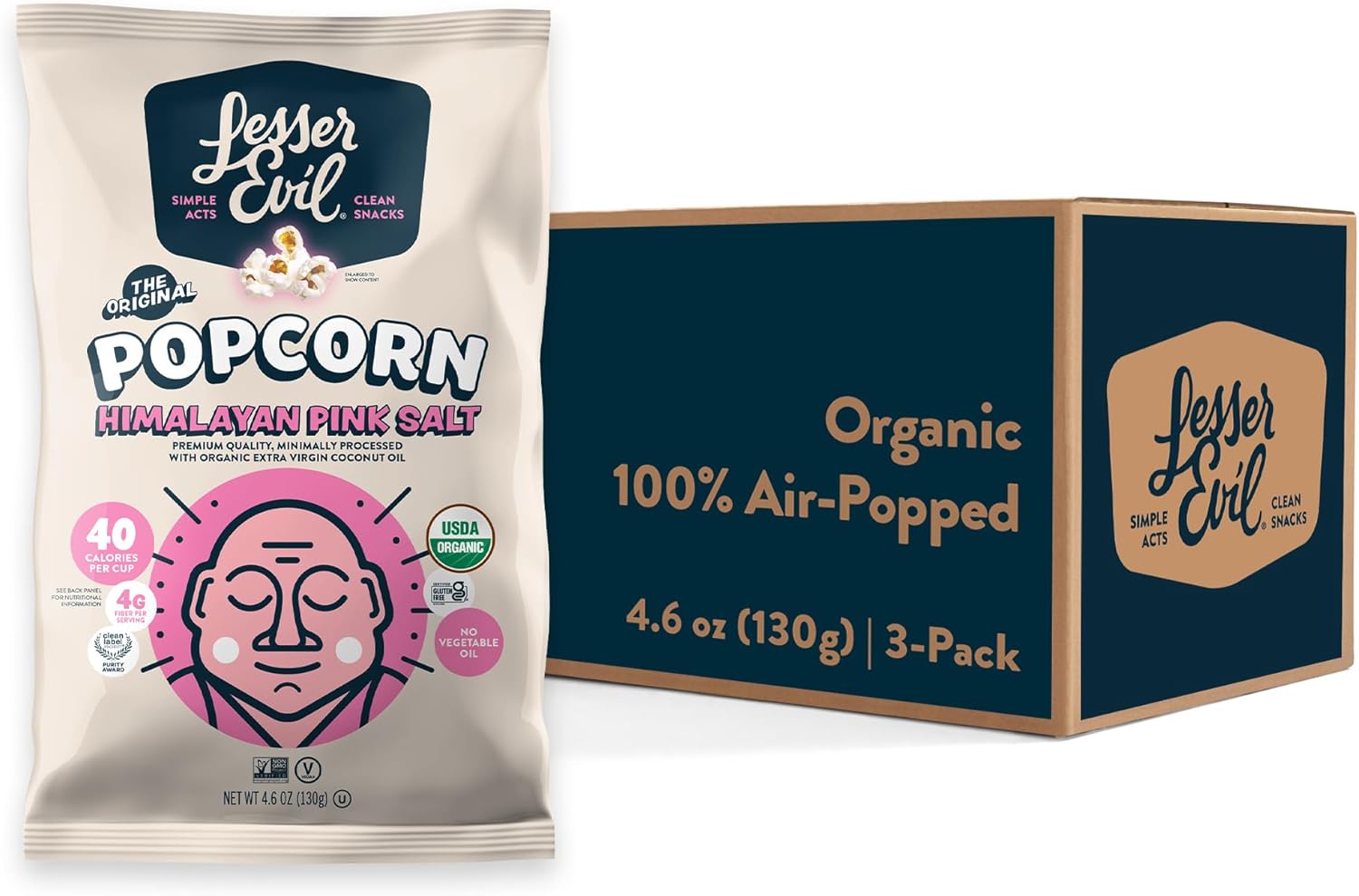 LesserEvil Himalayan Pink Salt Organic Popcorn, Premium Quality, Minimally Processed, No Vegetable Oil, 4.6 Oz, (Pack of 3)