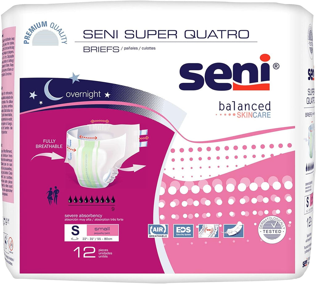 Seni Super Quatro Unisex Adult Incontinence Briefs with Tabs, Size Small (22"-31"), 24 Count (2 Packs of 12), Severe Absorbency, Disposable Overnight Briefs for Men & Women