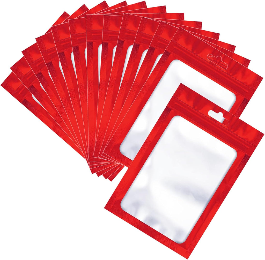 100 Pcs Resealable Mylar Bags, Sealable Odor Proof Foil Pouch Bag with Clear Window, Small Bussiness Packaging Supplies (Red, 4 X 6 Inch)